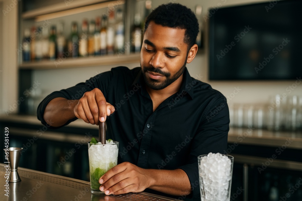 Poster Bartender preparing a cocktail with crushed ice at a modern bar counter in soft light background, showing creative drink-making process. Ai generative