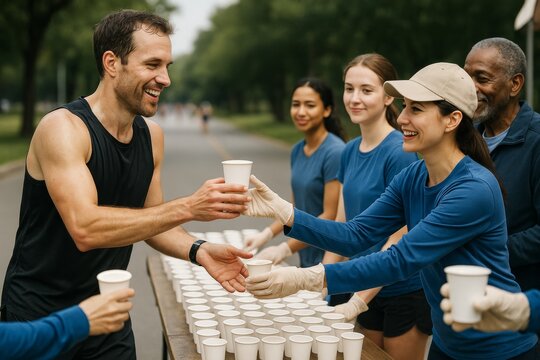 Group of volunteers handing water to smiling marathon runner at hydration station during outdoor race on bright day with green park background. Ai generative
