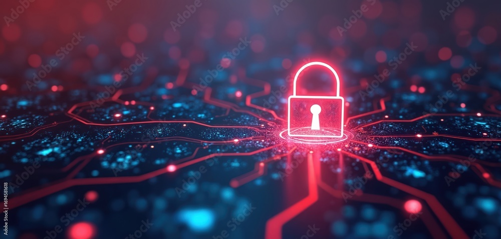 Poster futuristic digital illustration representing data privacy, cybersecurity concepts. glowing red padlo