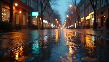 Wet city street at night during light drizzle with glistening pavement reflecting streetlights and building lights. Small puddles dot the slick, dark urban road, creating a moody, atmospheric scene.