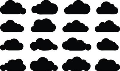 Array of Black Cloud Shapes on White Background Digital Design Elements