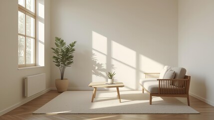 Fototapeta premium A Serene and Minimalist Japanese-Style Room with a Low Wooden Table and a Potted Bonsai Tree on a Raised Platform