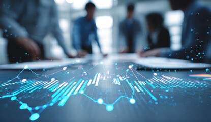 Blurred business meeting overlaid with financial data