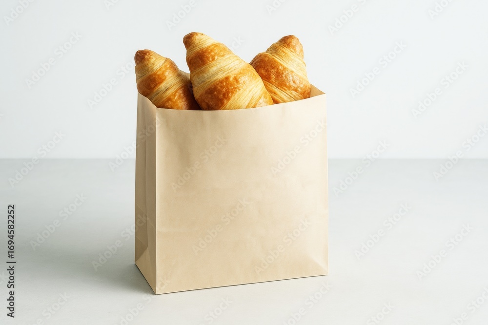 Poster paper bag with croissants on minimal background for branding or packaging concept mockup presentatio