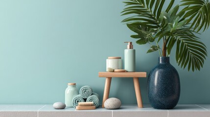 Tranquil modern bathroom scene with navy tiles, a dracaena in a vase on a side table, and spa essentials like body polish and a facial spatula on a pastel mint backdrop with copy space, banner-ready.