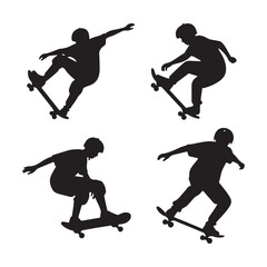 A set of vector silhouettes of various skateboarders performing tricks. 