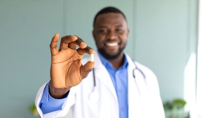 Doctor holding a pill.  Smiling black man in white coat