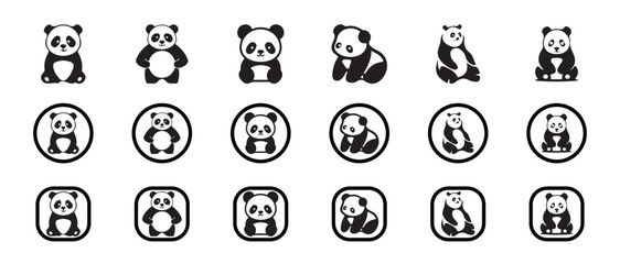 Panda bear Icon set, Collection of cute panda bear icon, panda silhouette icon, cartoon panda poses, mascot design, vector  illustration EPS 10.