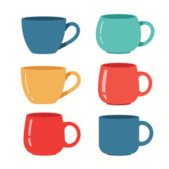 Collection of six colorful ceramic coffee cups in modern style