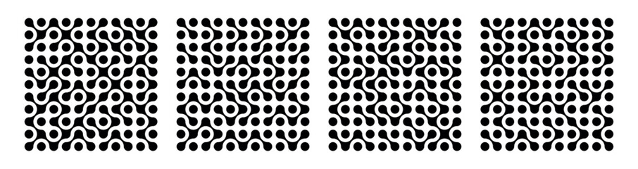 Set of abstract patterns of connected dots, metaballs. Black patterns consisting of morphing elements. Vector illustration for banners, posters, labels and prints.