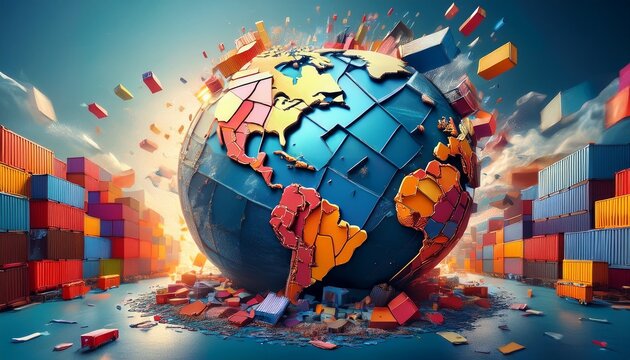 cracked globe with shipping containers falling apart symbolizes global trade disruption - Powered by Adobe