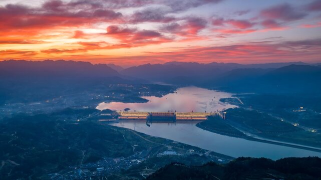 Three Gorges Dam Yichang China Aerial View Sunset Yangtze River Dramatic Colorful Sky - Powered by Adobe