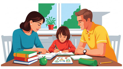 Family helping young daughter with homework at kitchen table, creating a supportive and educational environment in their home, fostering learning and togetherness.