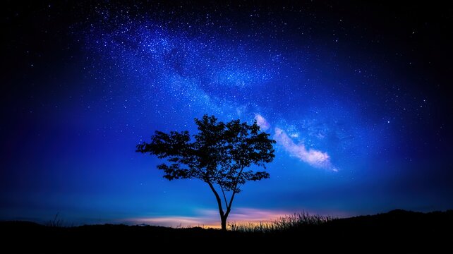 Single tree silhouette with deep stellar gradient, faint Milky Way and starlight reflections, dramatic astroscape style