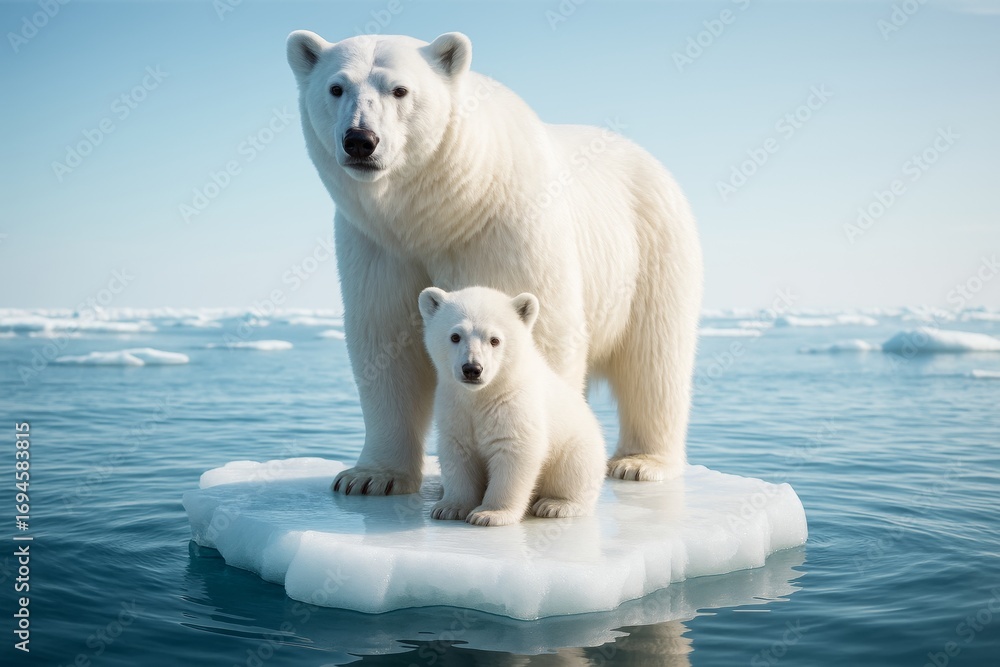 Poster polar bear and cub standing on floating ice sheet in arctic ocean under clear sky, symbolizing clima