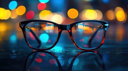 A pair of glasses with a cityscape background at night.