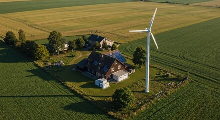 Aerial view of a rural house with solar panels and a wind turbine, nestled in vast green fields, symbolizing sustainable energy and modern eco-living.