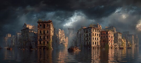 Flooded city ruins cityscape apocalypse water level rising building damage climate change disaster scene art