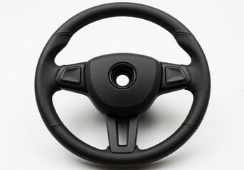 A close-up view of a black leather car steering wheel, showcasing its textured design and control buttons.