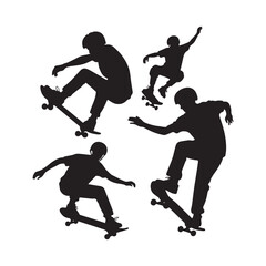 A set of vector silhouettes of various skateboarders performing tricks. 