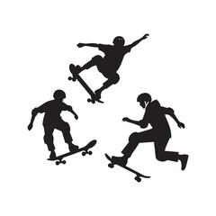 A set of vector silhouettes of various skateboarders performing tricks. 