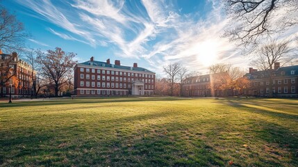 A large, empty green lawn with a red brick building in the background under a blue sky with white clouds.