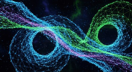 Abstract digital network of glowing blue green and purple lines and dots forming swirling patterns and two large circles against a dark cosmic background
