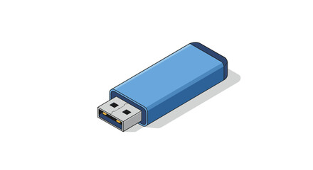 Isometric usb flash drive in blue with shadow on white background