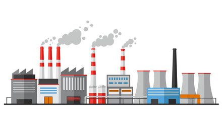 Flat design industrial factory skyline with smokestacks and cooling towers