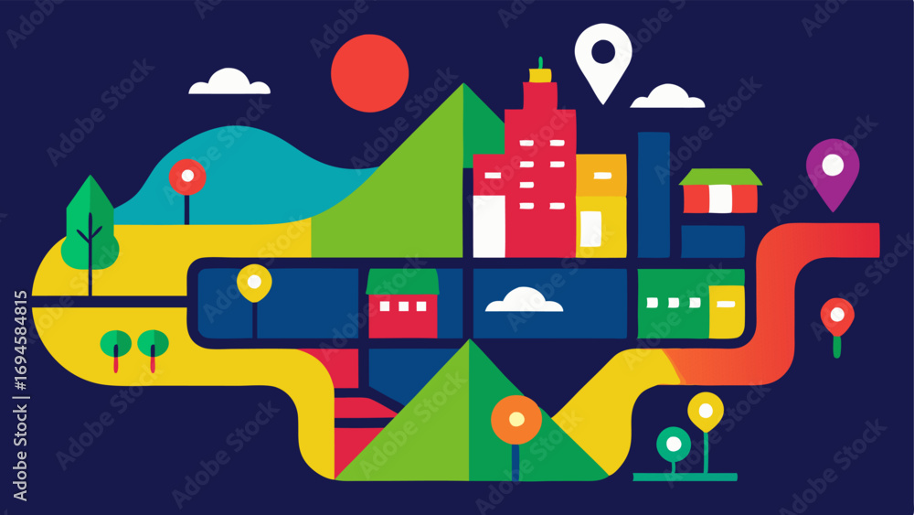 Poster colorcontrast mapping a graphic showing a digital map with bold colors highlighting accessible paths