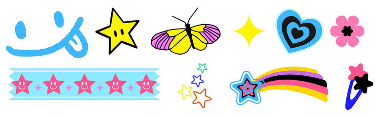 Vibrant neon icons collection featuring stars hearts flowers and abstract shapes for digital design isolated on transparent background