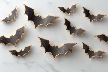 Decorative black bat cookies with gold edges on marble background for Halloween party. Halloween treats and festive spooky celebration