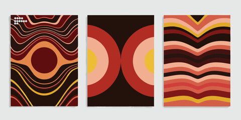 Obraz premium Set of three abstract graphic art posters with wavy lines and geometric shapes in warm retro colors