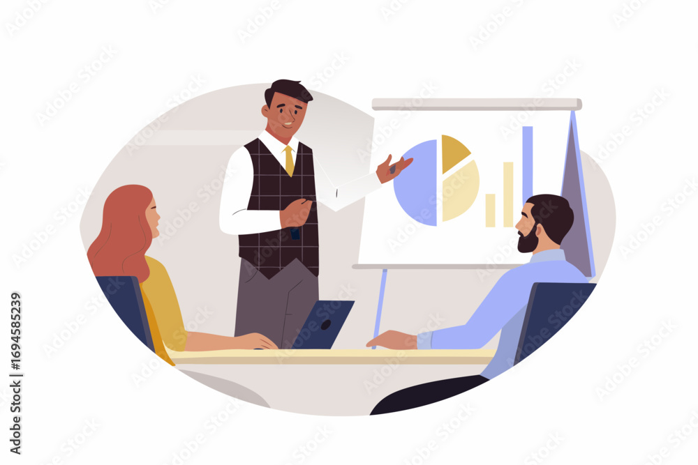 Poster diverse business team in a meeting presenting financial data on a whiteboard with charts and graphs