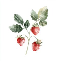 Watercolor strawberry branch, gentle, elegant on white background
