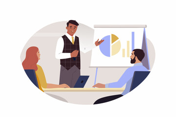 Diverse business team in a meeting presenting financial data on a whiteboard with charts and graphs