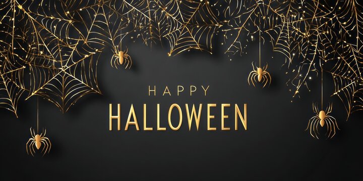 Golden spider webs and spiders with Happy Halloween text on dark background. Black spider and web shapes, gold text Halloween. Halloween celebration and spooky theme
