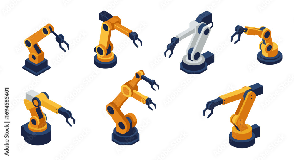 Poster industrial robotics: isometric set of mechanical arms and robotic hands in modern design