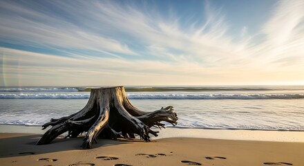 Driftwood Tree Stump on Sandy Beach.
