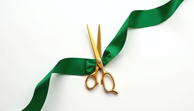 Gold scissors cut green ribbon, grand opening, business launch, celebration event. New beginnings, opportunity, growth, achievement. Festive milestone moment for startup success.
