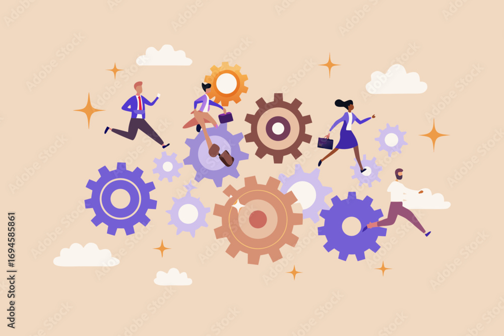 Poster diverse business people running on interconnected gears symbolizing teamwork and efficient workflow