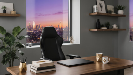 Fototapeta premium This professional workspace is perfect for advertising. The foreground is a sleek wooden desk and the background is a city skyline view.