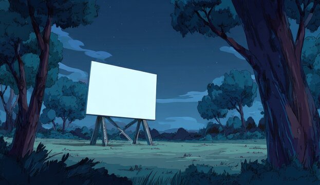 Blank billboard at night in a forest