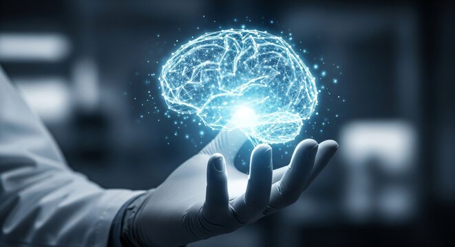 A caucasian doctor's hand holds a glowing blue digital brain, representing artificial intelligence in healthcare and technological innovation.