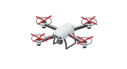 Modern isometric drone with camera and red propellers on white background
