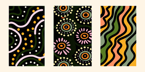 Abstract retro patterns featuring organic shapes dots and wavy lines in earthy tones