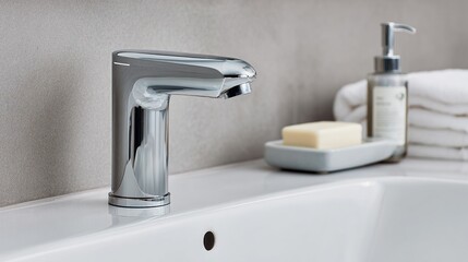 Fototapeta premium The close-up of the modern faucet in the city bathroom highlights its sleek design and smooth surface, with decorative items such as a soap dish or hand wash bottle adorning the white countertop.