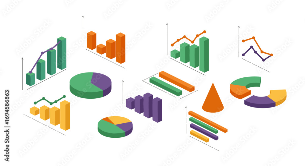 Poster colorful 3d isometric charts and graphs collection for data visualization
