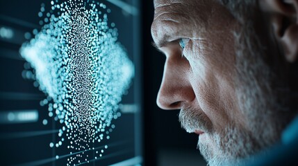 Medium close up of radar operator analyzing UAV detection data on digital screen.