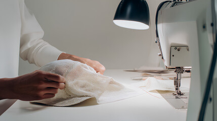 Close-up of artisan sewing fabric on industrial machine in bright studio light